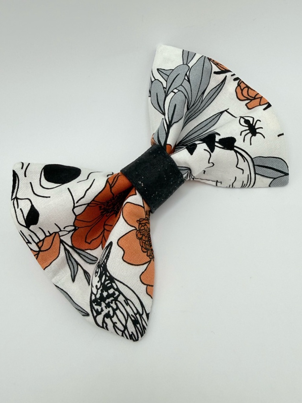 Handmade Floral Skull Over The Collar Bow tie Orange, Black, White
